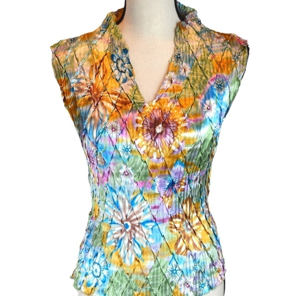 Vintage NICOLA Pleated Stretchy Silky Floral Pleated V-Neck Sleeveless Top Small